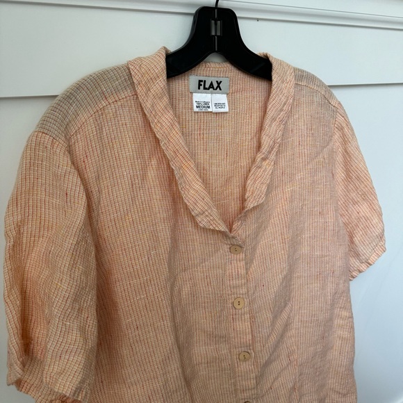 FLAX Linen Shirt Medium Womens Short Sleeve Boxy Oversize Button Up Orange Boho - Picture 3 of 5